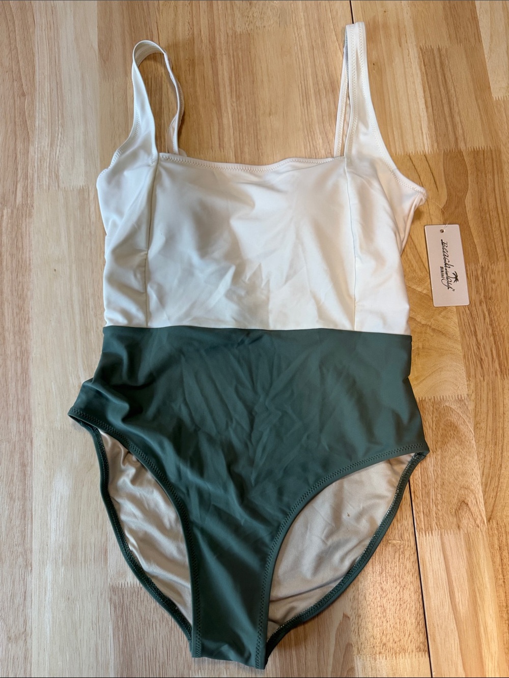 Two-Tone White and Dark Green Women's One-Piece Swimsuit